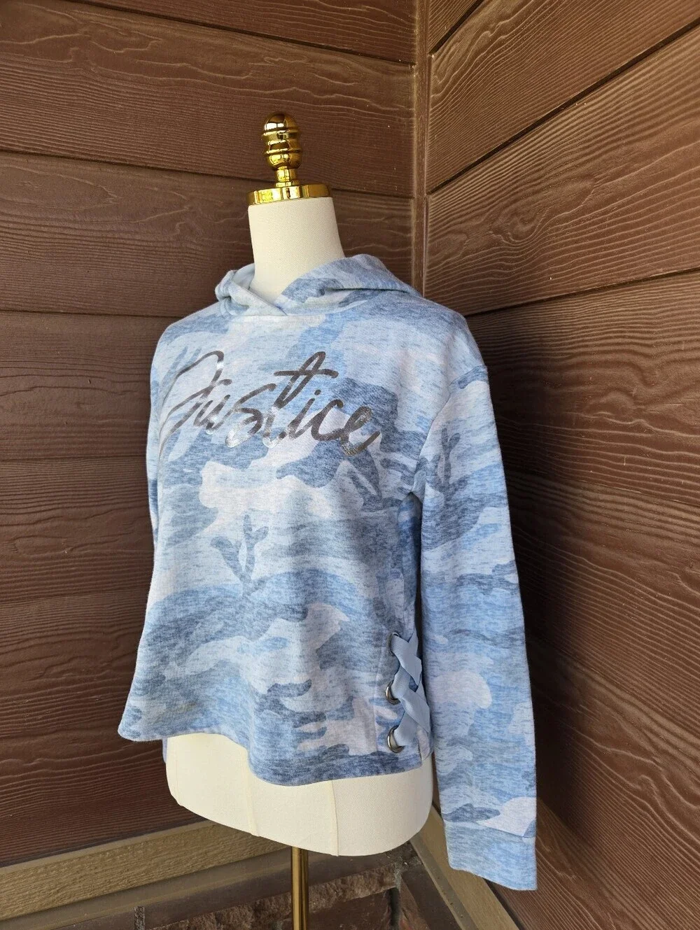 Justice Girls Blue Camo Cropped Hooded Sweatshirt with Silver Foil Chest Logo